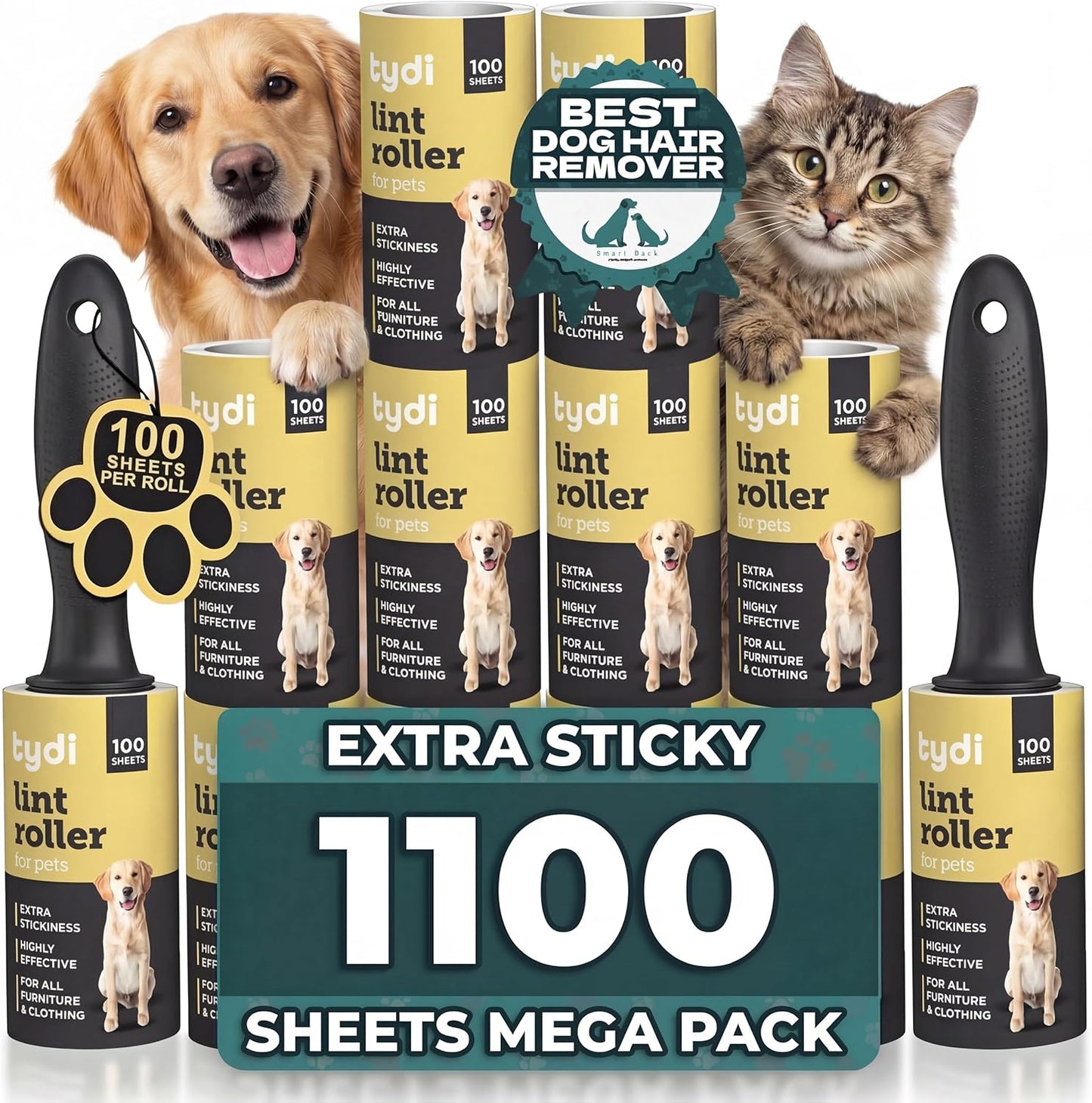 Tydi Pet Lint Rollers - 500 Sheets of Lint Roller Refills & 2 Handles - 100 Sheets per Sticky Clothes Roller - Lint Rollers for Pet Hair - Reusable Lint Roller for Clothes - Fluff Remover for Clothes