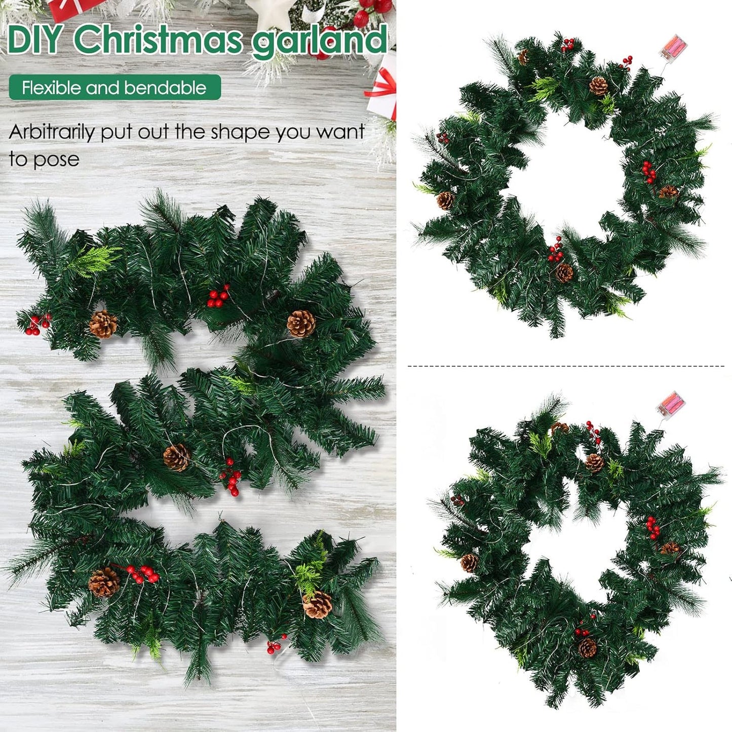 Christmas Garland with Lights, Christmas Garlands for Fireplace Stairs Artificial Wreath with 50 LED Lights and Bow Pine Cones Berries for Xmas Tree Front Door Home Holiday Decor