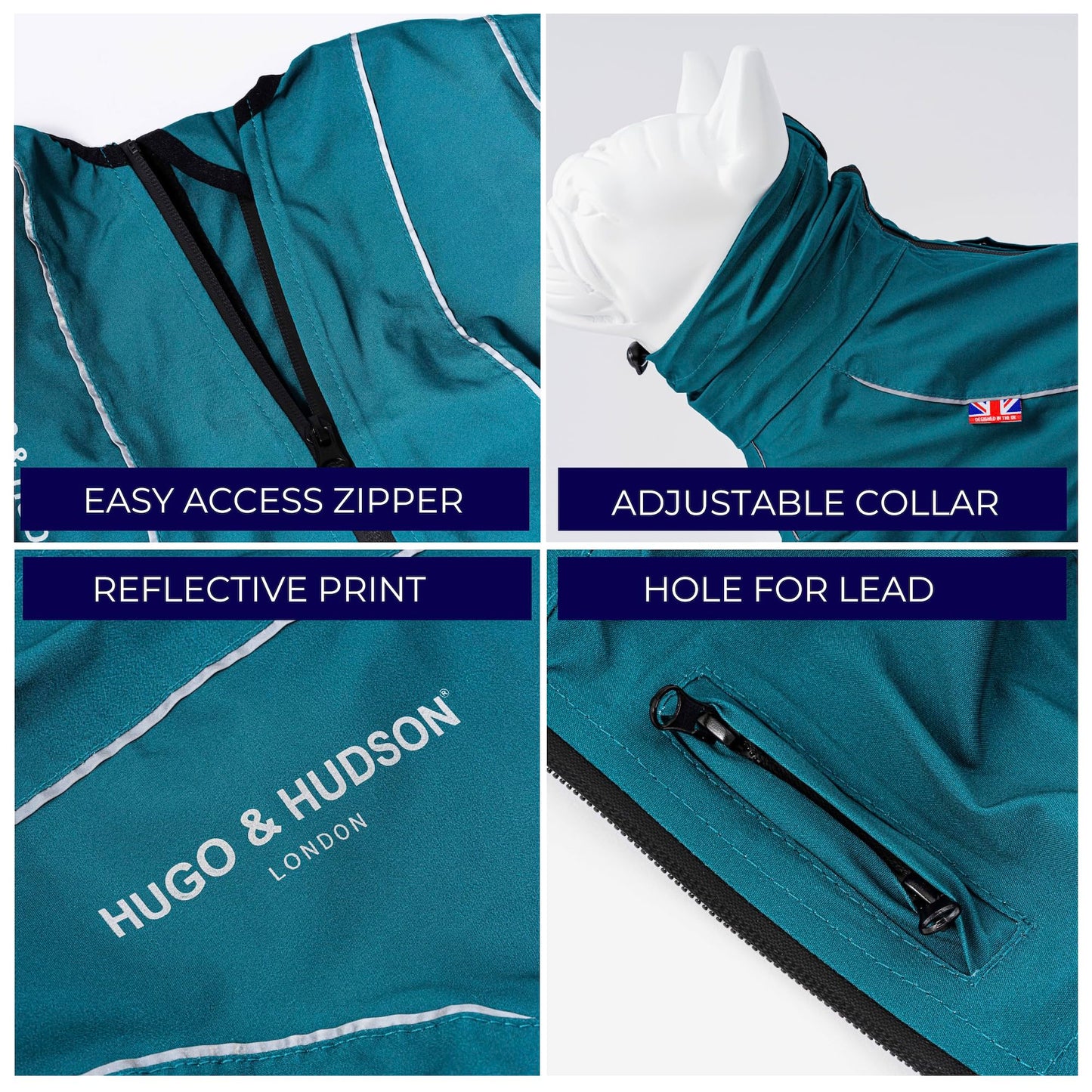 HUGO & HUDSON Dog Reflective Jacket Protective Overalls - Warm Outdoor Winter Windproof Dog Coat Vest for Small, Medium, Large & XL Dogs - Teal - S35