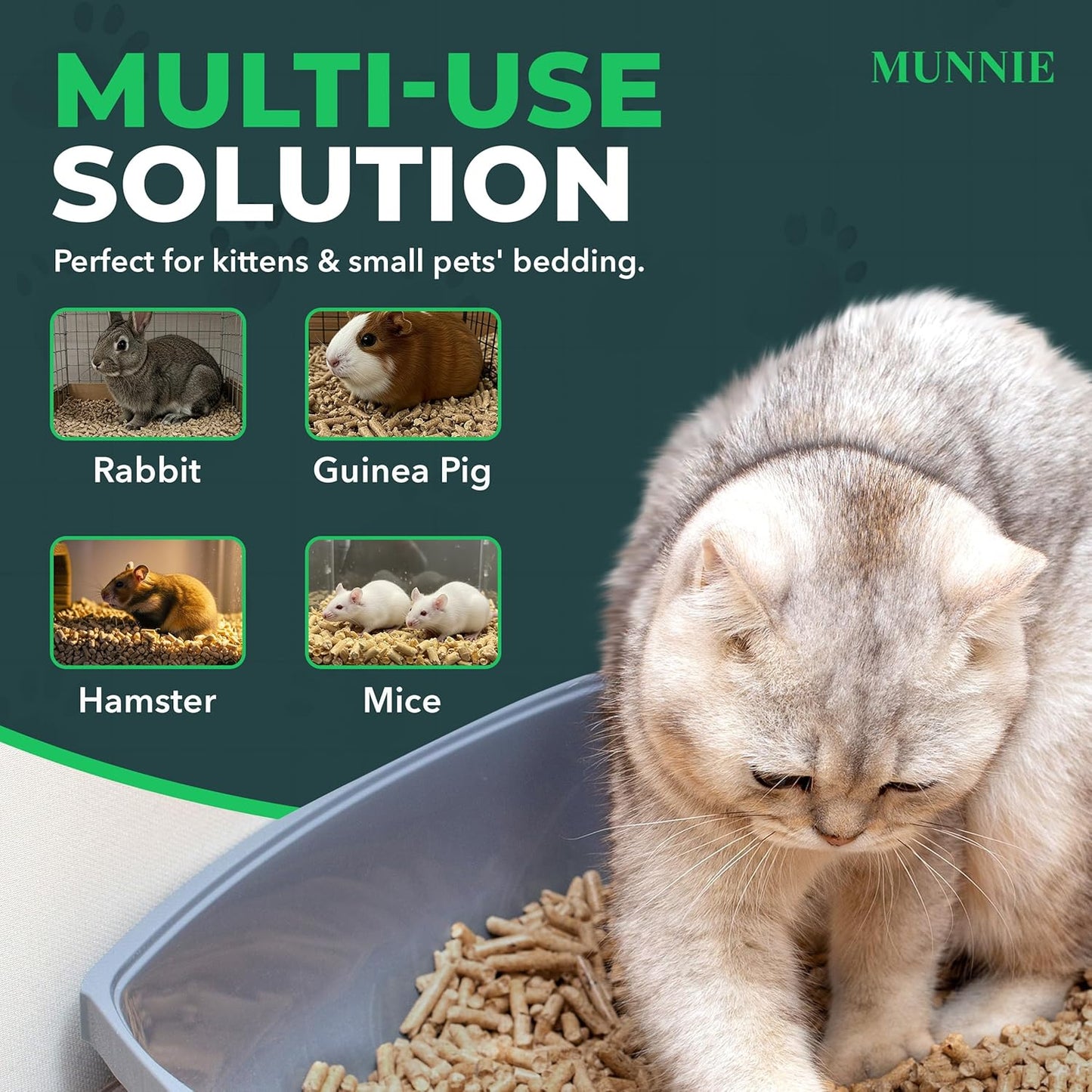 Munnie Natural Wood Pellet Cat Litter – Biodegradable, Dust-Free, Unscented, Safe for Kittens & Cats