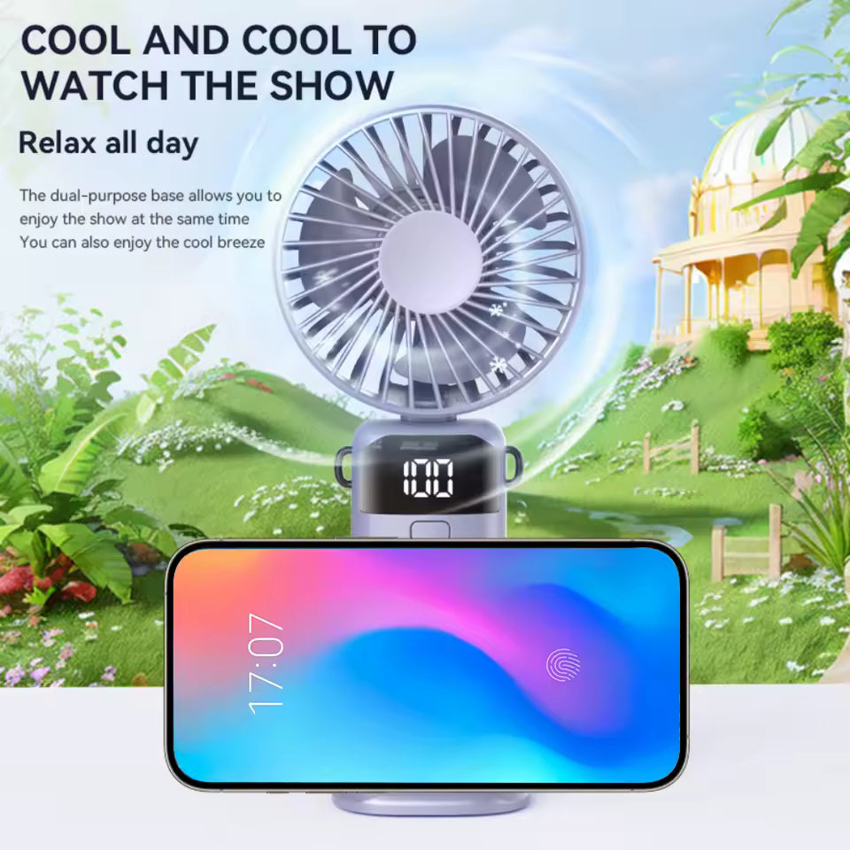 Foldable Mini Fan – USB Rechargeable, 5-Speed with LED Display & Phone Stand