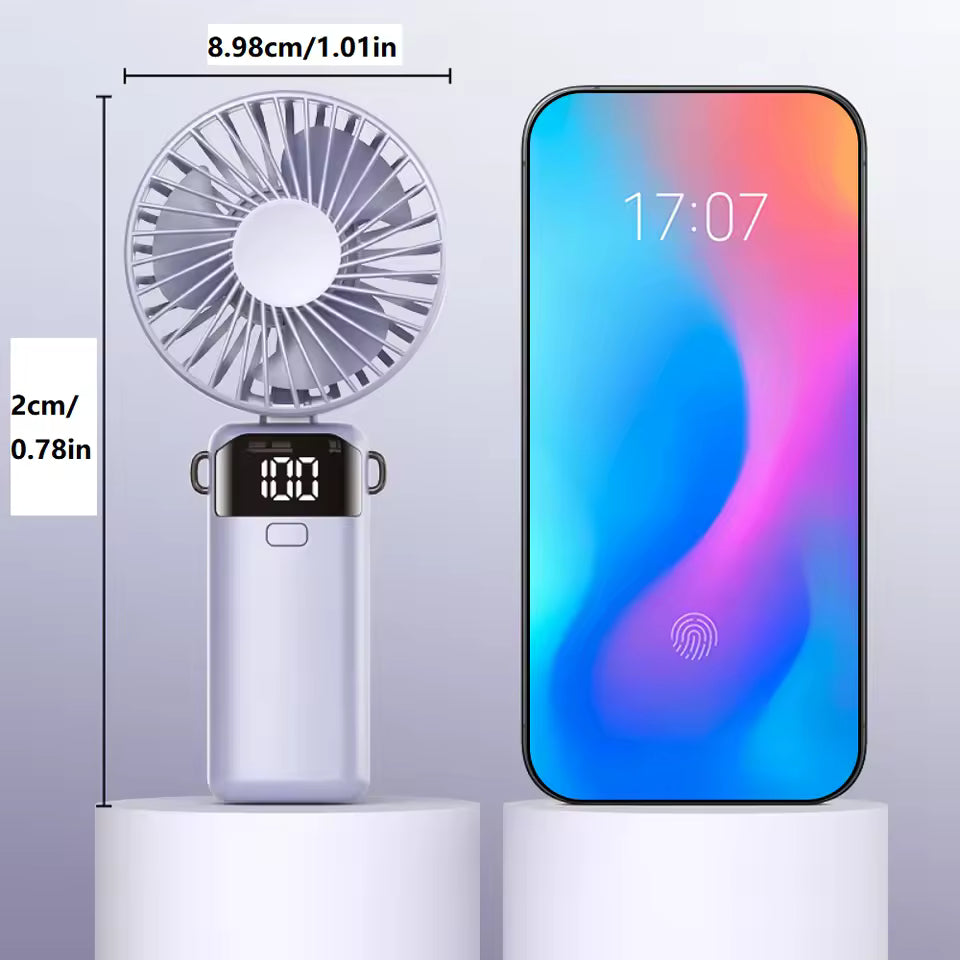 Foldable Mini Fan – USB Rechargeable, 5-Speed with LED Display & Phone Stand