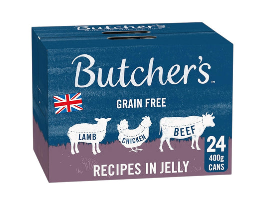 Butcher's Complete Wet Can Grain Free Hypoallergenic Adult Dog Food Recipes in Jelly Chicken, Beef & Lamb