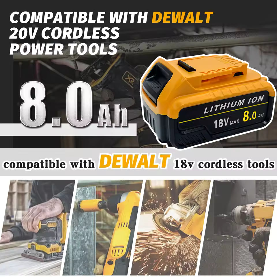 2Pack 8.0Ah Compatible with Dewalt DCB184 18V XR slide Li-Ion Battery DCB182 DCB183 DCB180 DCB200 Lithium-Ion Power Tool Max