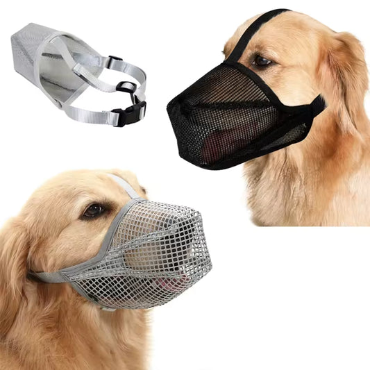 Dog muzzle set with black, gray, and silver options on a white background