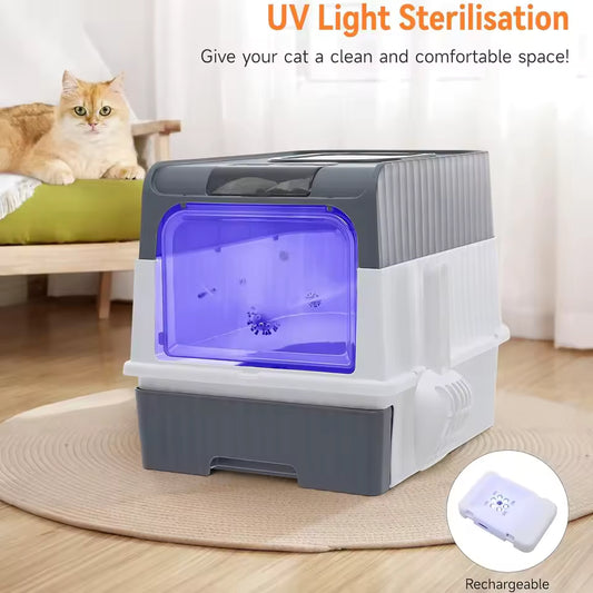 UV Sterilization Cat Litter Box – Enclosed Design with Odor Control & Easy-Clean Drawer (Pink/Grey)