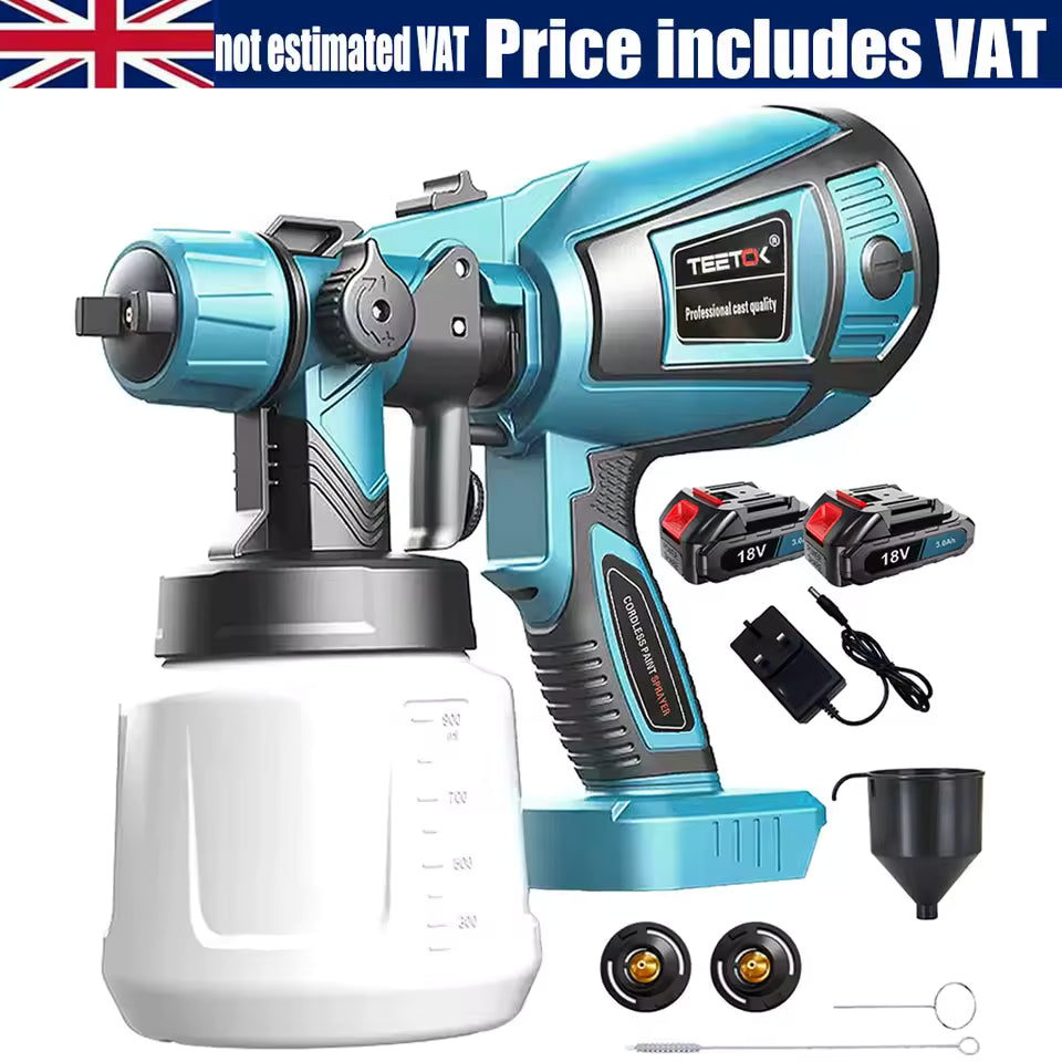 Blue electric paint sprayer with accessories on a white background