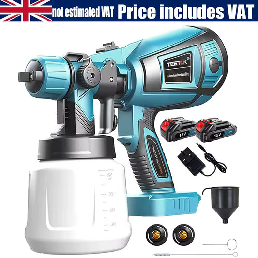 Blue electric paint sprayer with accessories on a white background