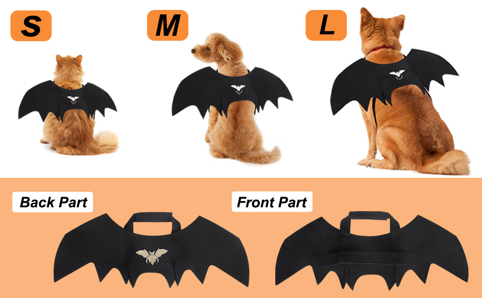 Vivifying Cat Bat Wings, Cat Halloween Costume with Pumpkin Bell, Adjustable Pet Cosplay Costumes for Pet（Neck: 9.4-12.6 in/Chest: 12.9-19.7 in